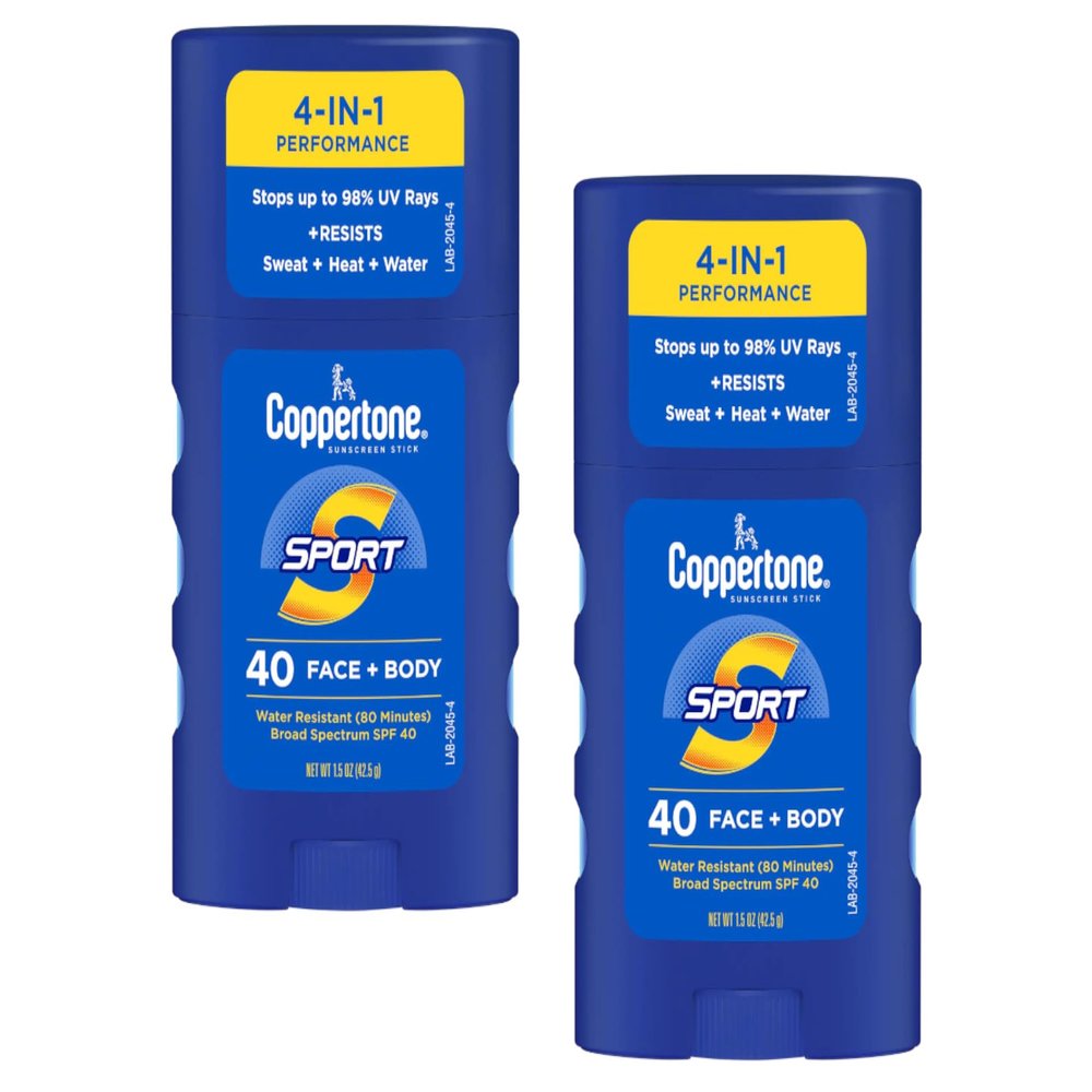 Coppertone Sport Sunscreen SPF 40 Face + Body, 4 in 1 Performance, 80 Minute Water Resistant, 1.5 oz (Pack of 2)