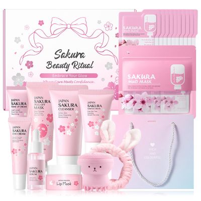 MrCuvaryas Sakura Skincare Set For Teen Girls & Women, 32PCS Face Care Kit With Cherry Blossom Essence, Serum, Cleanser, Lip Mask, Mud Mask & More