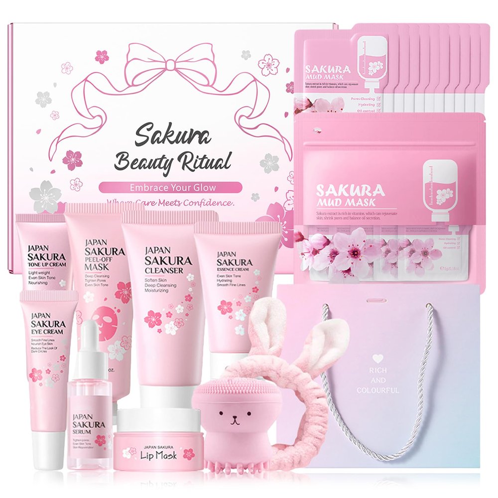 MrCuvaryas Sakura Skincare Set For Teen Girls & Women, 32PCS Face Care Kit With Cherry Blossom Essence, Serum, Cleanser, Lip Mask, Mud Mask & More