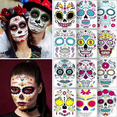 12 PCS Day of the Dead Costume Tattoos for Halloween - Temporary Sugar Skull Face Stickers for Makeup, Masquerade, Parties. Face & Body Tattoos for Events