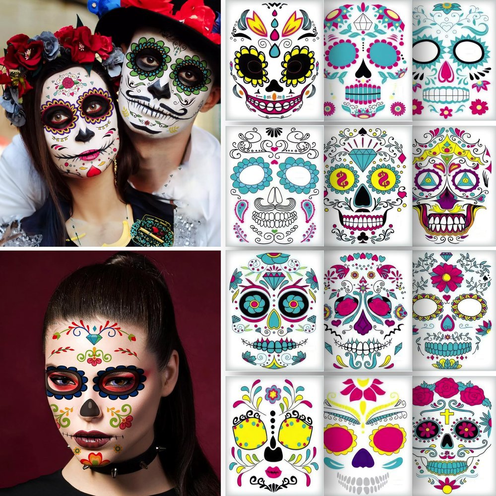 12 PCS Day of the Dead Costume Tattoos for Halloween - Temporary Sugar Skull Face Stickers for Makeup, Masquerade, Parties. Face & Body Tattoos for Events