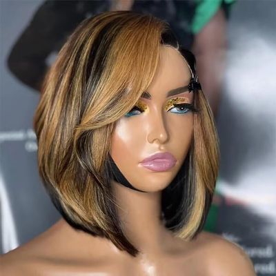 13X6 HD Transparent Lace Front Wigs Human Hair Short Bob 1B/27 Ombre Highlight Lace Frontal Human Hair Wigs Honey Blonde Bob Straight Brazilian Remy Hair Balayage Colored for Women 12Inch