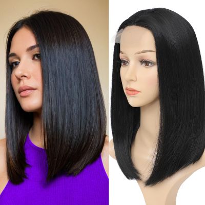 meiliprotea Black Bob Wig Middle Part Glueless Synthetic Lace Front Wig 15 Inch Shoulder Length Short Straight Bob Wigs No Bangs for White and Black Women Daily Party Use (1B)