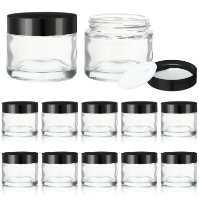 12 Pcs 2 oz Clear Glass Jars with Black Lids Leakproof Round Airtight Jars Empty Cosmetic Jars with Inner Liners Lid for Candle Making Storing Lotions Spice Powder Liquid Sample Makeup (Black,clear)