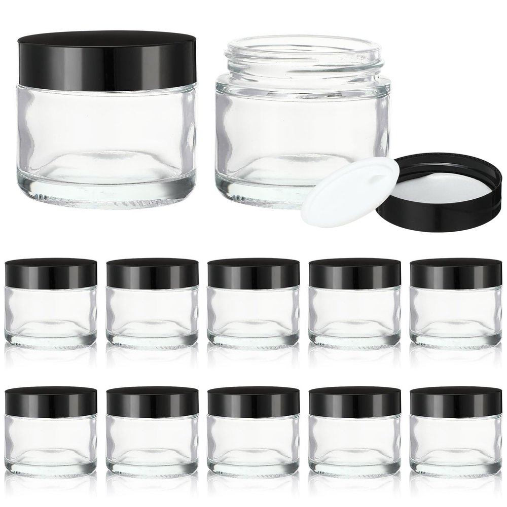 12 Pcs 2 oz Clear Glass Jars with Black Lids Leakproof Round Airtight Jars Empty Cosmetic Jars with Inner Liners Lid for Candle Making Storing Lotions Spice Powder Liquid Sample Makeup (Black,clear)