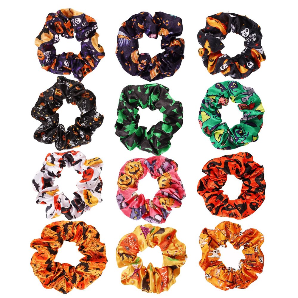 12pcs Halloween Hair Ties, Halloween Hair Scrunchies Pumpkin Skull Bat Hair Ties Elastics Scrunchy Halloween Gifts for Women Girls (12 Styles)