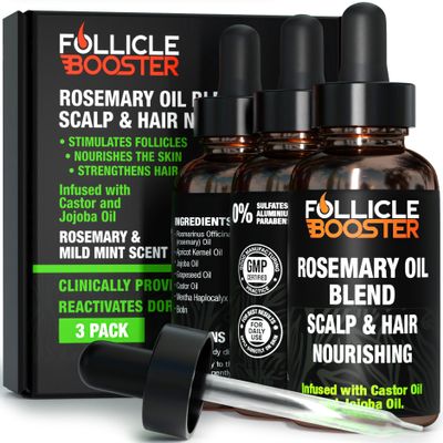 Follicle Booster Rosemary Oil Blend - Mint, Castor, Jojoba & Biotin added - Supports Hair Growth, Strengthens Follicles, Nourishes Scalp - For Adults & Teens - 3 Pack