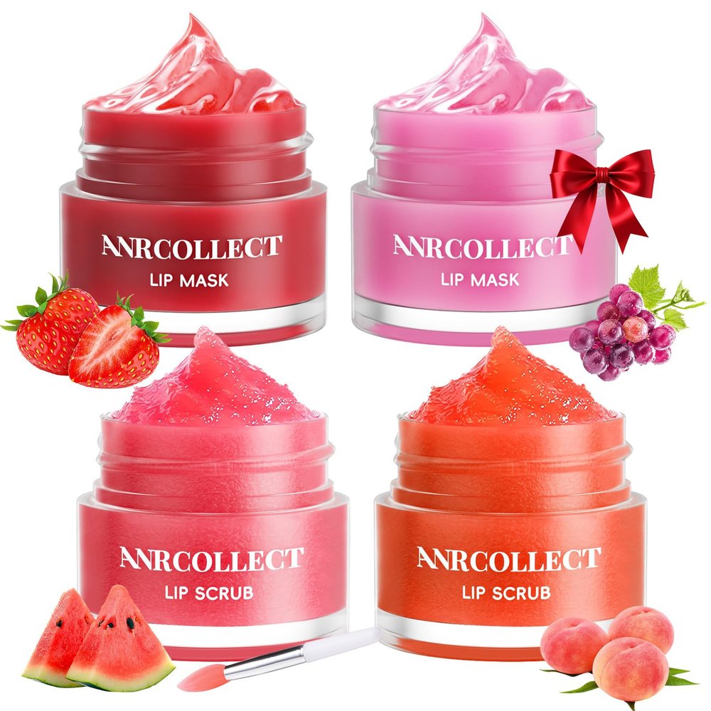 ANRCOLLECT Lip Scrub & Lip Mask - Overnight Treatment Lip Care Kits with 2 Lip Exfoliator & 2 Sleeping Lip Balm, Intense Hydration Lip Set for Dry Chapped Cracked Lips, Exfoliate & Moisturize (4 Pack)