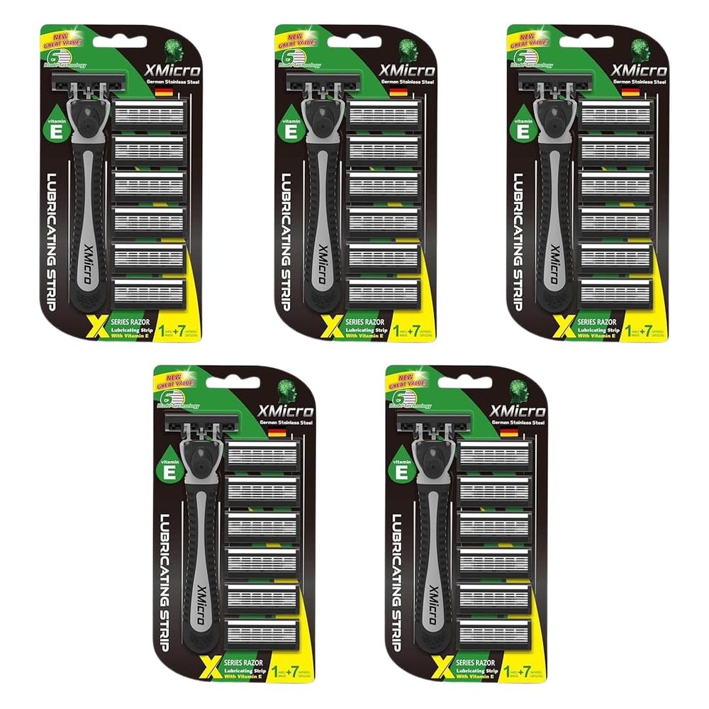 XMicro Razors for Men, 1 Razor, 7 Blade Refills with German Stainless Steel, Lubricated with Vitamin E, Aloe for Smooth Shave, Shields Against Irritation (Pack of 5) | 35 Blade Included