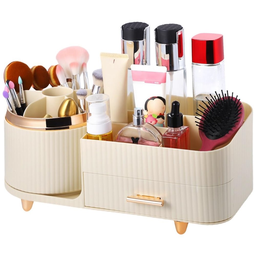 360 Rotatable Large Capacity Cosmetic Display Case with Drawer, Makeup Organizer, Rotating Makeup Case Box, Brushes, Skincare, Eyeshadow, Lipstick
