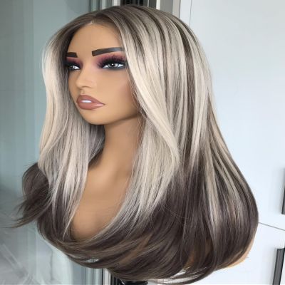 Ombre Blonde Brown Wear and Go Glueless Wigs Synthetic Layered Straight Wigs Pre Plucked Pre Cut Lace for Beginner Highlight Blonde Synthetic Lace Front Wig Medium Length 20inches 3 Seconds to Wear