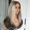Ombre Blonde Brown Wear and Go Glueless Wigs Synthetic Layered Straight Wigs Pre Plucked Pre Cut Lace for Beginner Highlight Blonde Synthetic Lace Front Wig Medium Length 20inches 3 Seconds to Wear view 3