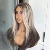 Ombre Blonde Brown Wear and Go Glueless Wigs Synthetic Layered Straight Wigs Pre Plucked Pre Cut Lace for Beginner Highlight Blonde Synthetic Lace Front Wig Medium Length 20inches 3 Seconds to Wear view 4