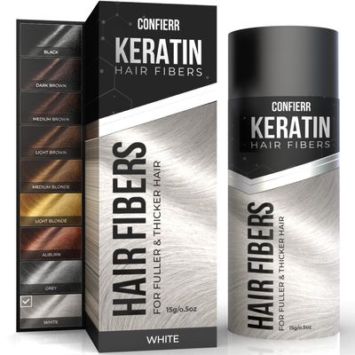 CONFIERR Keratin Hair Fibers for Men & Women - Fill In Fine or Thinning Hair, Instantly Thicker, Fuller Looking Hair (White 15g)