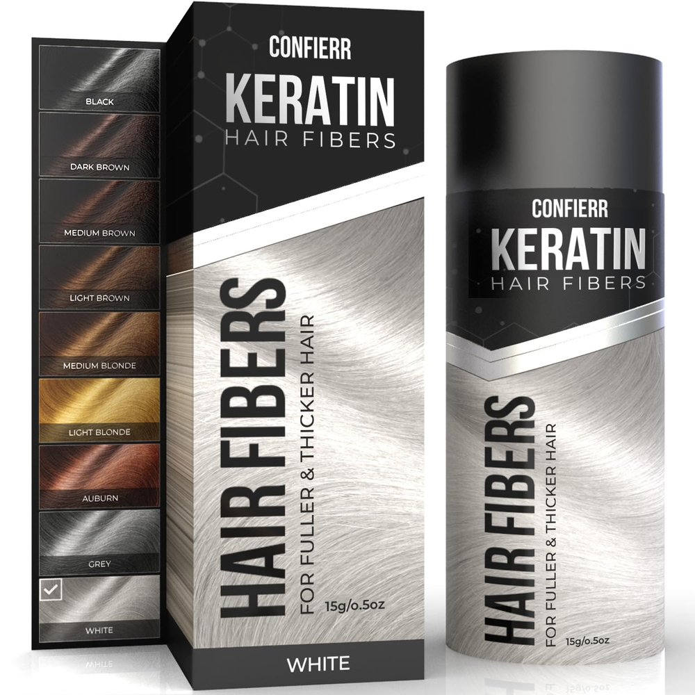 CONFIERR Keratin Hair Fibers for Men & Women - Fill In Fine or Thinning Hair, Instantly Thicker, Fuller Looking Hair (White 15g)