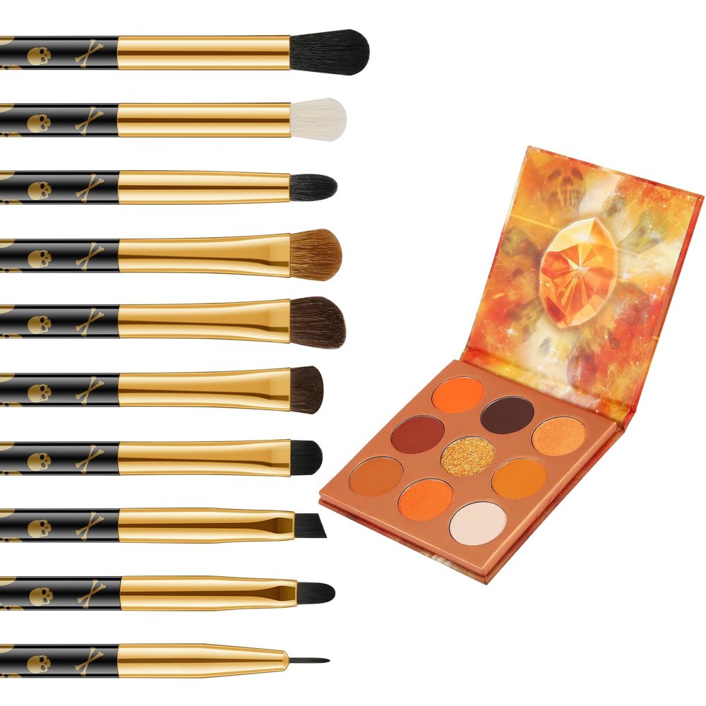 docolor 10Pcs Eye Makeup Brushes Skull Printed Eyeshadow Makeup Brush Set and Orange Eyeshadow Palette 9 Colors Gemstone Shadow Palette Highly Pigmented Mattes Shimmers Long-Lasting Makeup Palette