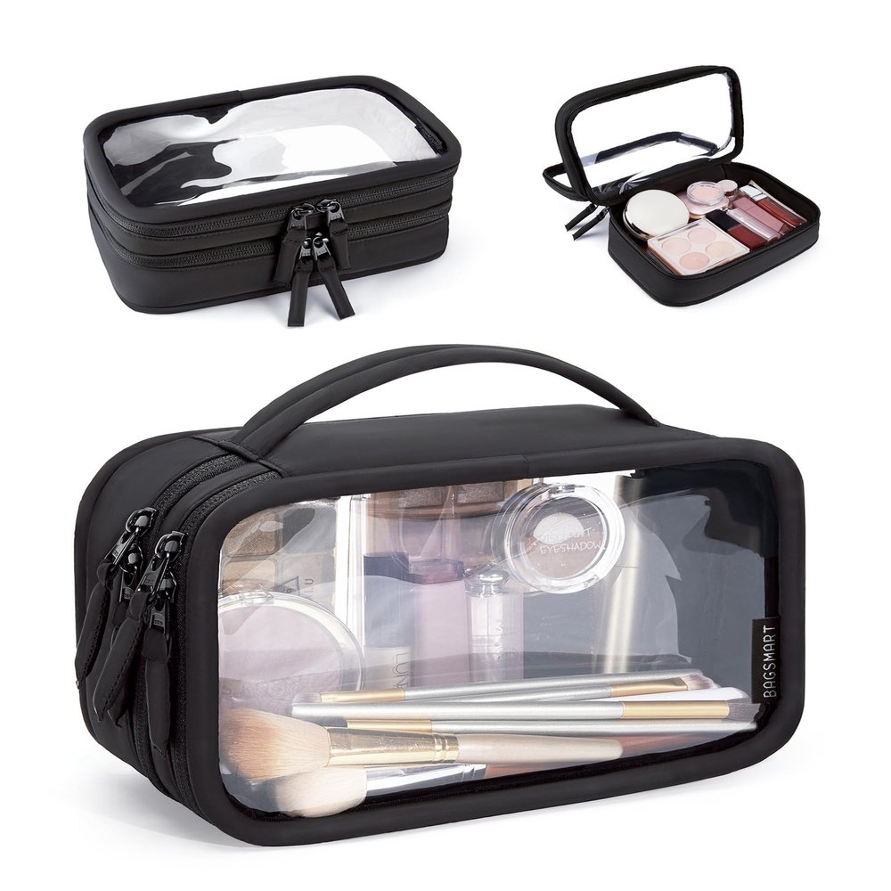 BAGSMART Double Layer Clear Makeup Bag, TSA-Approved Toiletry Bag, Large Opening with Handle, Cute Water-Resistant Travel Cosmetic Bag with Double Zipper for Car Essentials(Black)