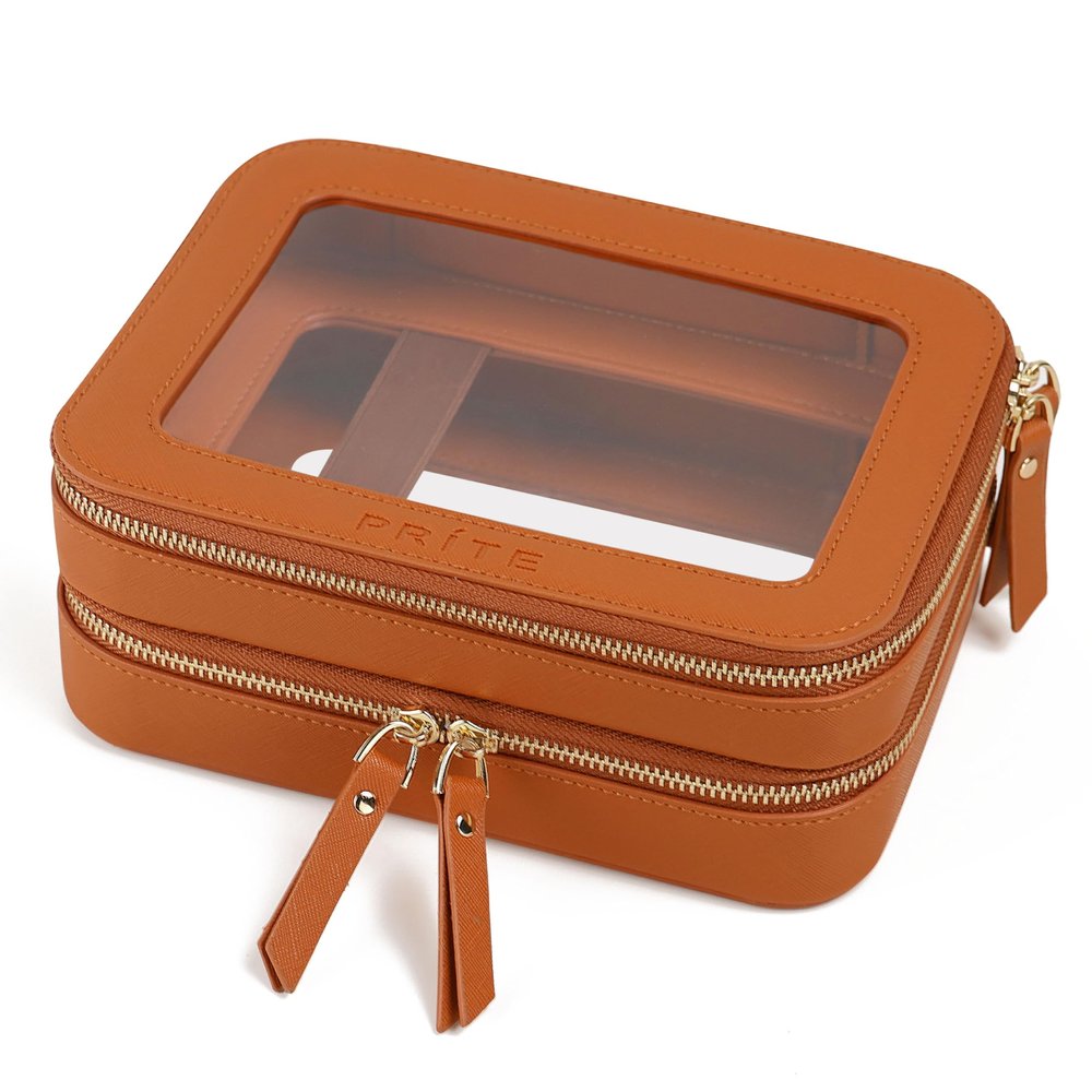 Prite Large Clear Makeup Bag Double Layer Makeup Bag for Women Travel Toiletry Bag Cosmetic Train Case with a Separate Brush Compartment for Car Essentials(Brown)