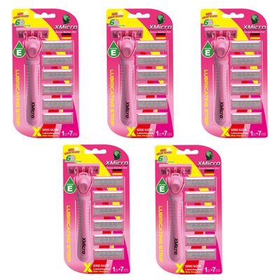 XMicro Pink Razors For Women, 1 Razor, 7 Blade Refills With German Stainless Steel, Lubricated With Vitamin E, Aloe For Smooth Shave, Shields Against Irritation (Pack of 5) | 35 Blade Included