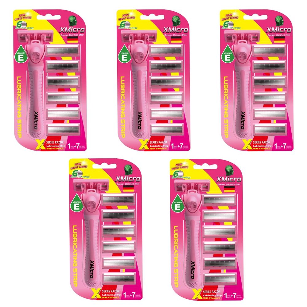 XMicro Pink Razors For Women, 1 Razor, 7 Blade Refills With German Stainless Steel, Lubricated With Vitamin E, Aloe For Smooth Shave, Shields Against Irritation (Pack of 5) | 35 Blade Included