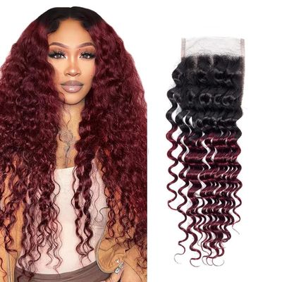 1B/99j Red Deep Wave Black Burgundy Curly Closure Human Hair 4x4 HD Transparent Lace 20 Inch High Density Brazilian Unprocessed Virgin Hair Wet And Wavy For Woman