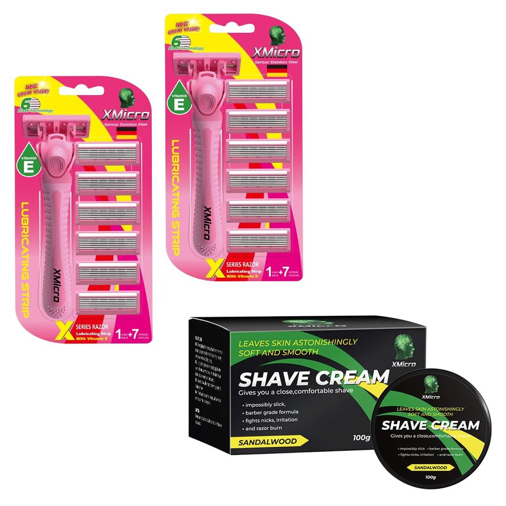XMicro Pink Razors For Women, 1 Razor, 7 Blade Refills With German Stainless Steel, Lubricated With Vitamin E, Aloe For Smooth Shave (Pack of 2) + XMicro Shaving Cream FREE