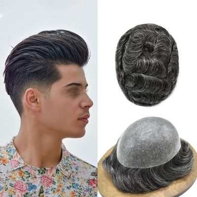 PUNRU HAIR Mens Toupee 100% European Remy Human Hair Toupee For Men All PU Base Hair Replacement System Durable Hair Piece For Men Hair Pieces 7x9 Medium light density #1B40#1B OFF BLACK+40% GREY