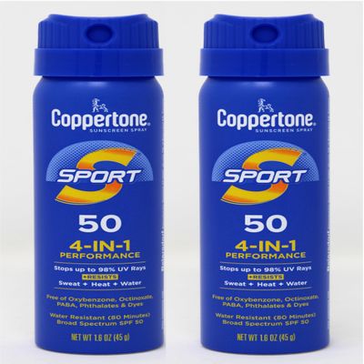 Coppertone Sunscreen Spray Sport SPF 50, 4 in 1 Performance, 80 Minute Water Resistant, Travel Size, 1.6 oz (Pack of 2)