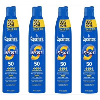Coppertone Sunscreen Spray Sport SPF 50, 4 in 1 Performance, 80 Minute Water Resistant, 7.3 oz (Pack of 4)
