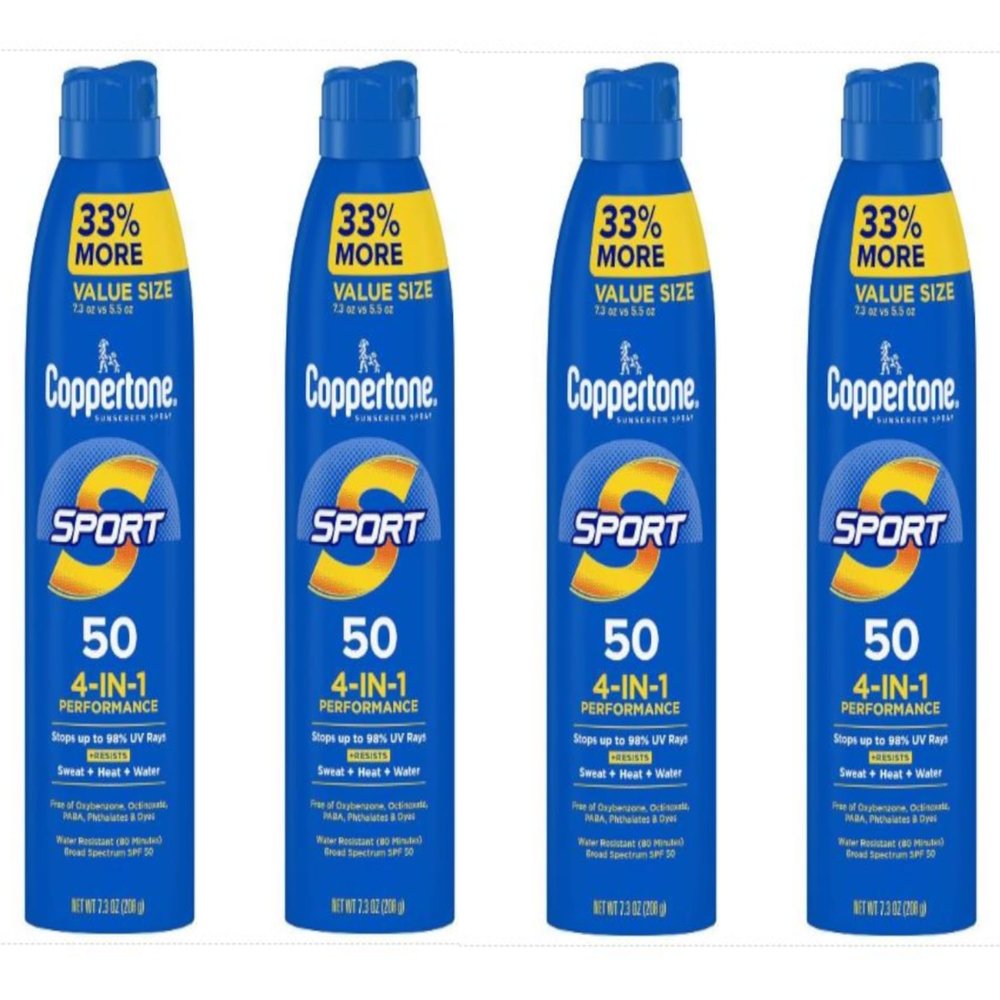 Coppertone Sunscreen Spray Sport SPF 50, 4 in 1 Performance, 80 Minute Water Resistant, 7.3 oz (Pack of 4)