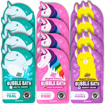 Tub Works Magical Kids Bubble Bath, Variety 12 Pack | Creates Colorful Water & Tons of Foam Bath Bubbles | Nontoxic | Character-Themed Bubble Bath for Kids | Pink, Purple & Teal Bath Colors