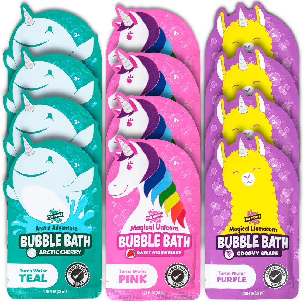 Tub Works Magical Kids Bubble Bath, Variety 12 Pack | Creates Colorful Water & Tons of Foam Bath Bubbles | Nontoxic | Character-Themed Bubble Bath for Kids | Pink, Purple & Teal Bath Colors