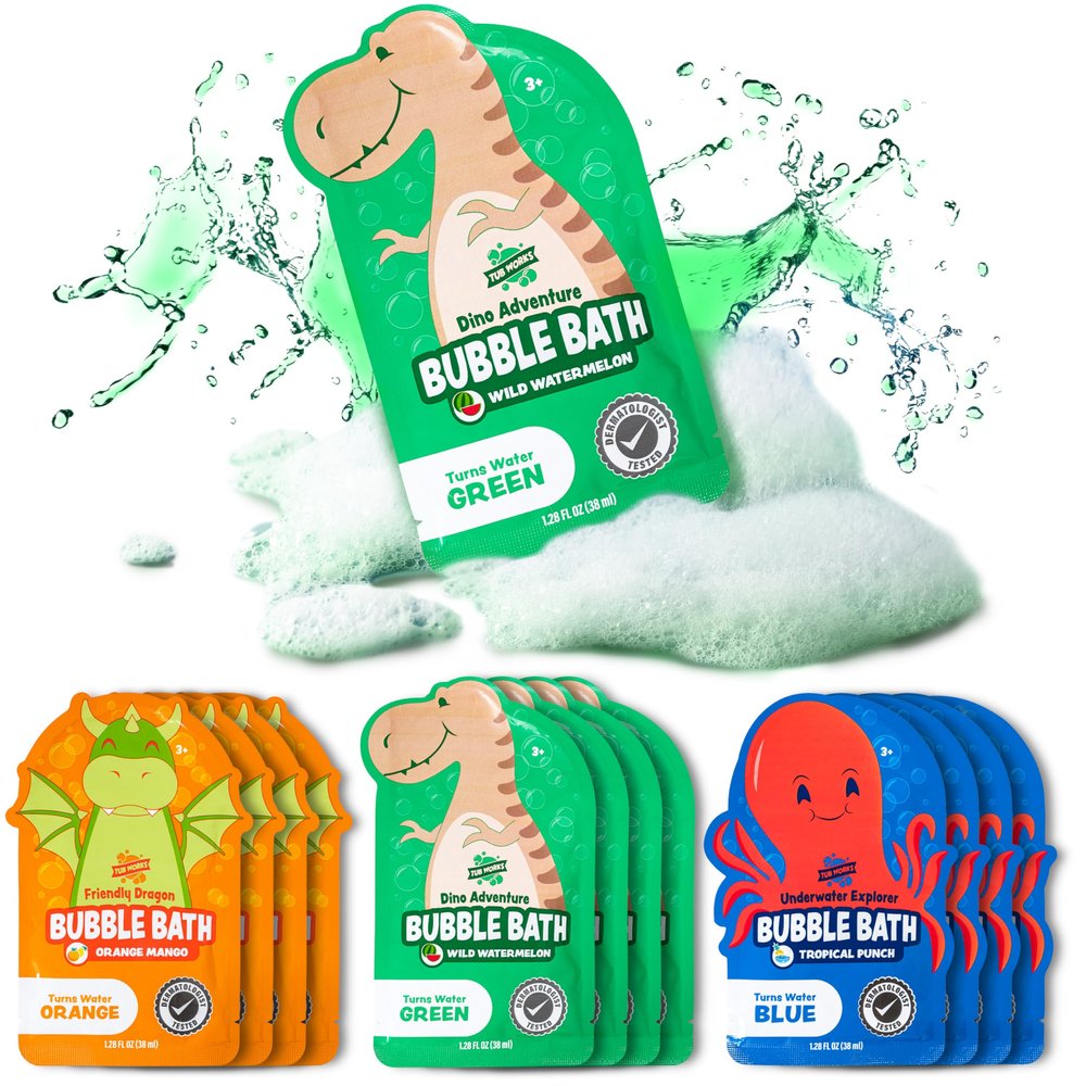 Tub Works Magical Kids Bubble Bath, Variety 12 Pack | Creates Colorful Water & Tons of Bath Bubbles | Nontoxic | Character-Themed Bubble Bath for Kids | Green, Blue & Orange Bath Colors