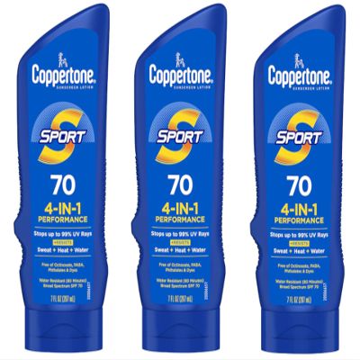Coppertone Sunscreen Sport SPF 70, 4 in 1 Performance, 80 Minute Water Resistant, 7 fl oz (Pack of 3)