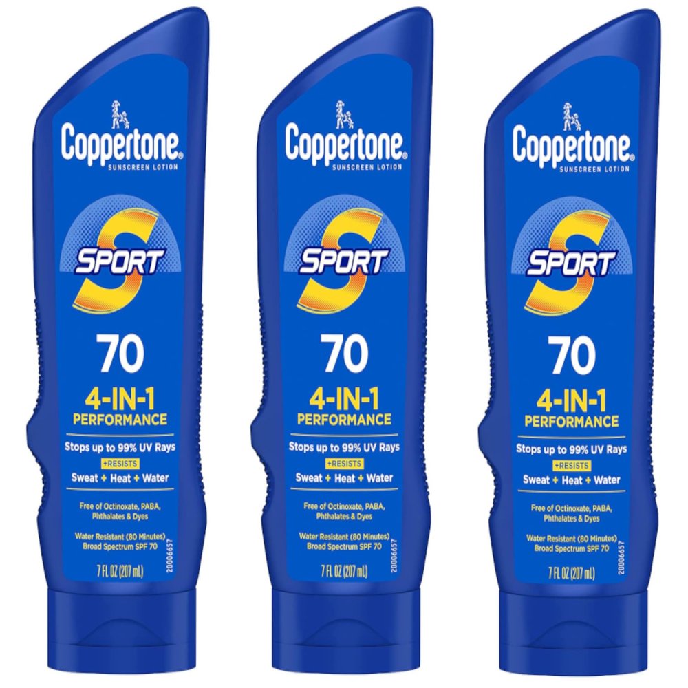 Coppertone Sunscreen Sport SPF 70, 4 in 1 Performance, 80 Minute Water Resistant, 7 fl oz (Pack of 3)