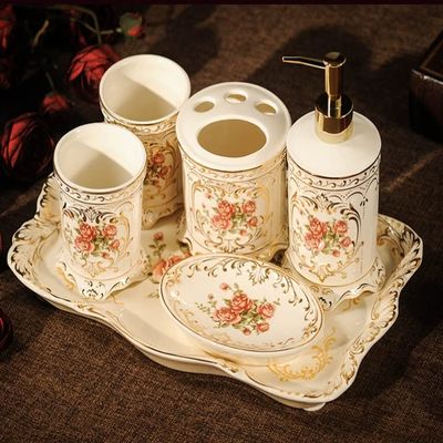 MAKEJ Countertop Bathroom Five-Piece Set Ceramic Wash Kit Bathroom Supplies Toothbrush Cup Mouthwash Cup Set