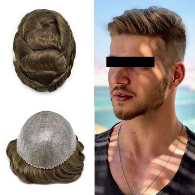 Toupee for Men Full Poly Hair Replacement System European Human Hair Toupee 0.1mm Durable Skin PU Injection Men Hairpiece 6x9"-120% Density #550 Medium Light Brown+50% Gray