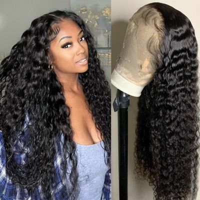 13x4 Deep Wave Lace Front Wigs Human Hair 220% Density Deep Wave Frontal Wigs Human Hair HD Lace Curly Wigs for Black Women Pre Plucked with Baby Hair Curly Lace Front Wig 24 Inch