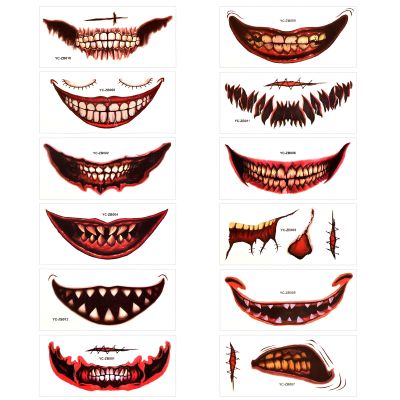 12pcs Halloween Face Tattoos, Scary Big Mouth Temporary Tattoo Halloween Face Stickers Scary Makeup Temporary Tattoo Horror Face Tattoos for Halloween Cosplay Decor