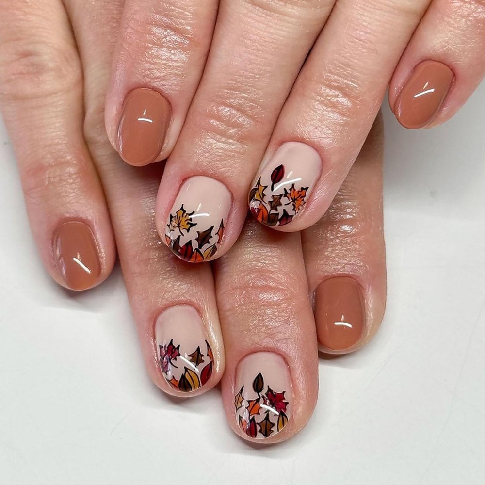 24 Pcs Light Brown Nails Fall Press on Nails Square Shape Fake Nails Short RIICFDD False Nails Maple Leaf Fallen Leaf Stick on Nails Full Cover Glossy Glue on Nails for Women Acrylic Nails