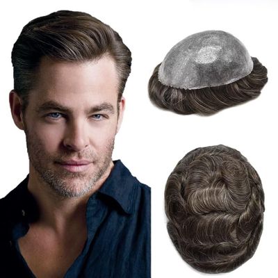Toupee for Men Full Poly Hair Replacement System European Human Hair Toupee 0.1mm Durable Skin PU Injection Men Hairpiece 6x8"-120% Density#210 Darkest Brown+10% Gray