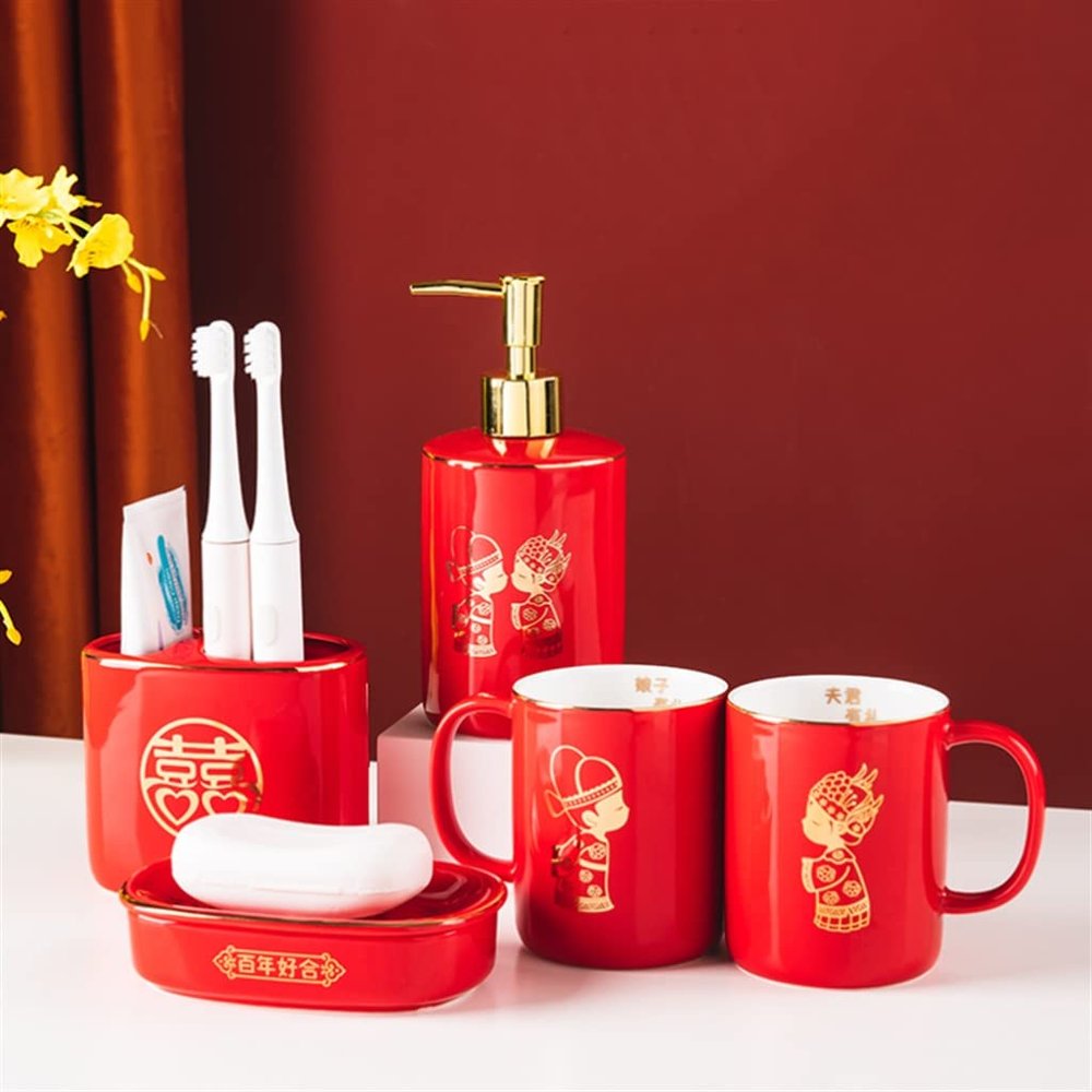 MAKEJ Red Couple Mouthwash Cup Marriage Toiletries Set Household Ceramic Toilet Tooth Cylinder Brushing Cup