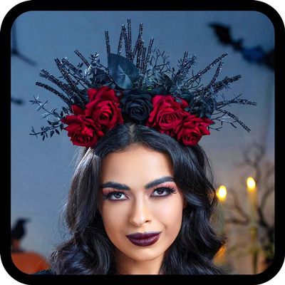 Woeoe Halloween FLower Halo Crown Day of The Dead Headband Rose Floral Hair Band Gothic Hair Hoop for Women Halloween Party Cosplay Dress up Costume Hair Accessories