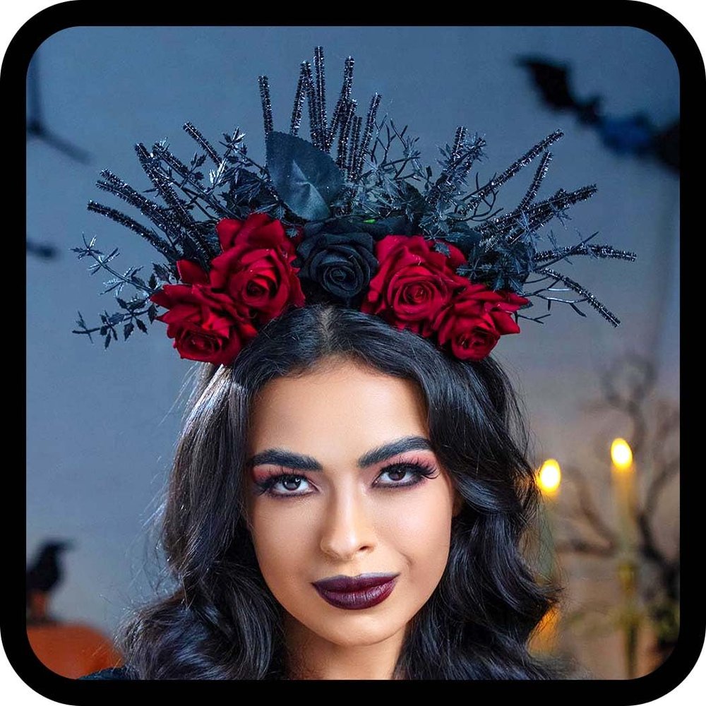 Woeoe Halloween FLower Halo Crown Day of The Dead Headband Rose Floral Hair Band Gothic Hair Hoop for Women Halloween Party Cosplay Dress up Costume Hair Accessories