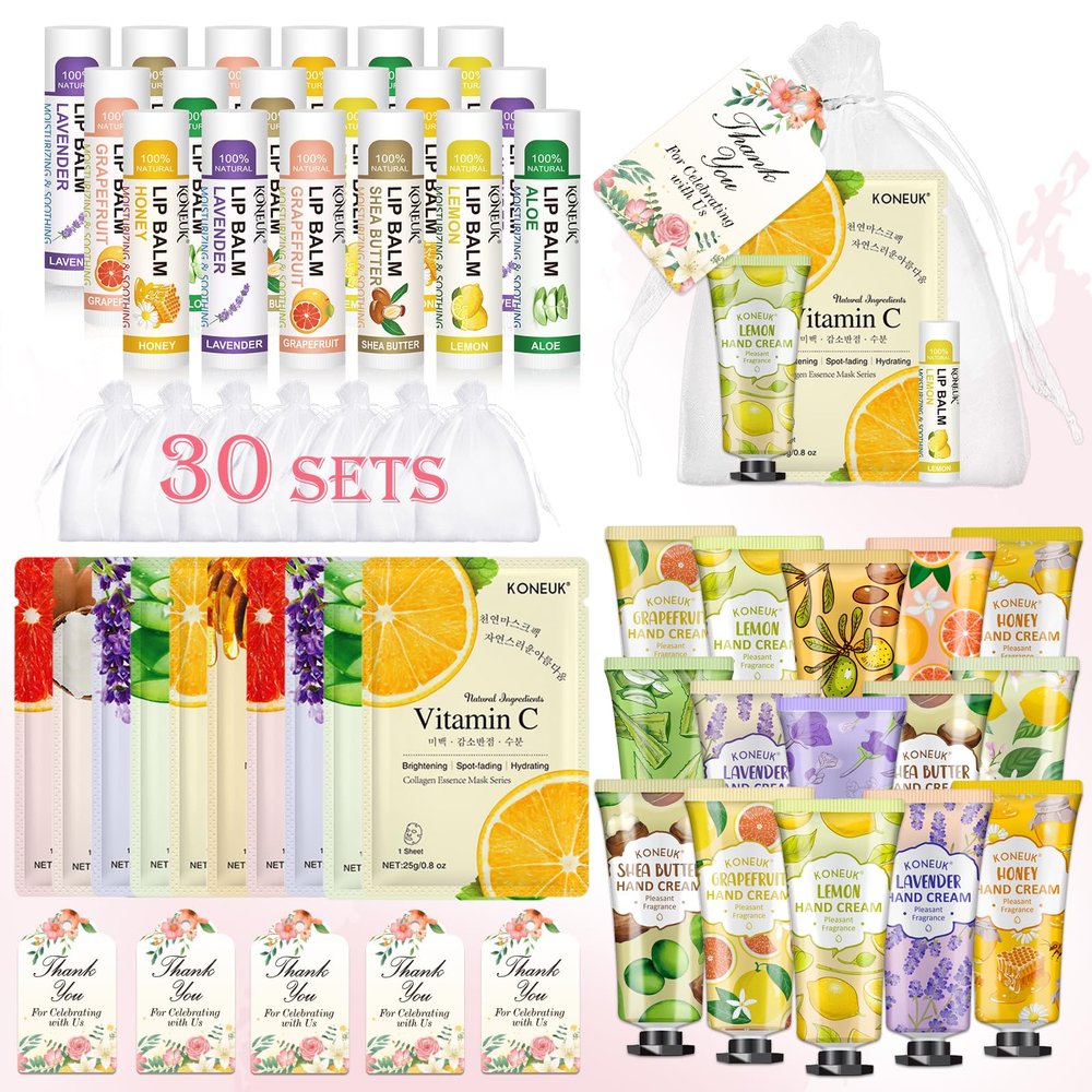 30 Pack Bulk Facial Mask, Bulk Hand Cream and Bulk Lip Balm Sets, Stocking Stuffers for Women, Thank You Gifts, Bridal Shower Favors and Christmas Gifts for Guests, Birthday Gifts, Small Gifts for Her