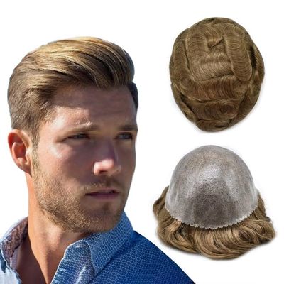 Toupee for Men Full Poly Hair Replacement System European Human Hair Toupee 0.1mm Durable Skin PU Injection Men Hairpiece 6x8"-120% Density#17 Dark Ash Blonde