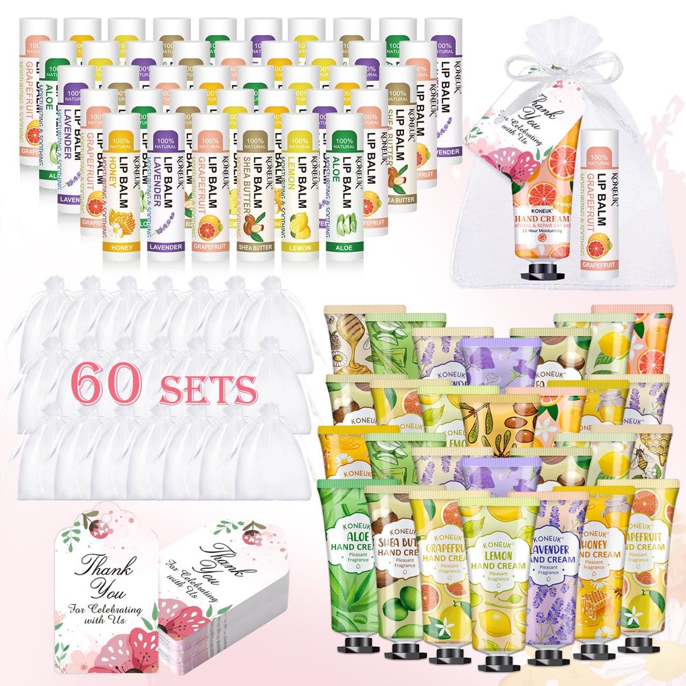 60 Pack Hand Cream Bulk and Lip Balm Bulk Sets, Stocking Stuffers for Women, Christmas Gifts and Bridal Shower Gifts for Guests, Employee Appreciation Gifts, Mom Gifts, Birthday Gifts and Small Gifts