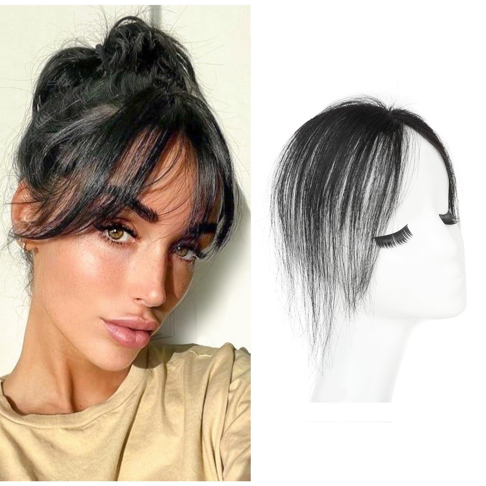 Meiverah Clip in Bangs Clip In Hair Extensions 100% Baby Hair Human Hand Made Natural Forehead Patch No Trace Patch Hairline for Women(Hand Made, 10") (Natural Black, 1.57"x2.36")
