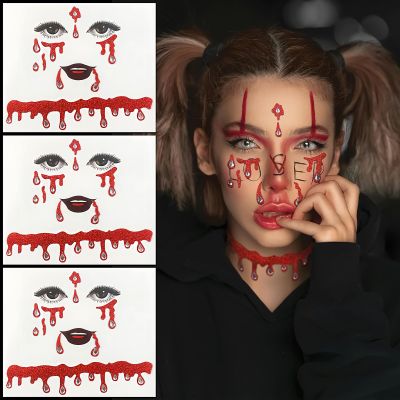 3PCS Halloween Face Temporary Tattoos Vampire Face Jewels Sticker Blood Tears Glitter Sparkle Face Gems Crystal Sticker Adhesive Waterproof Stick on for Women Girls for Carnivals Raves Parties