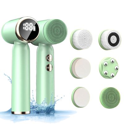 Facial Cleansing Brush, 6 in 1 Electric Face Scrubber with 6 Brush Heads and 3 Spin Speeds for Deep Cleansing, Waterproof Rechargeable Face Brushes for Dry Oily Sensitive Skin (Green)